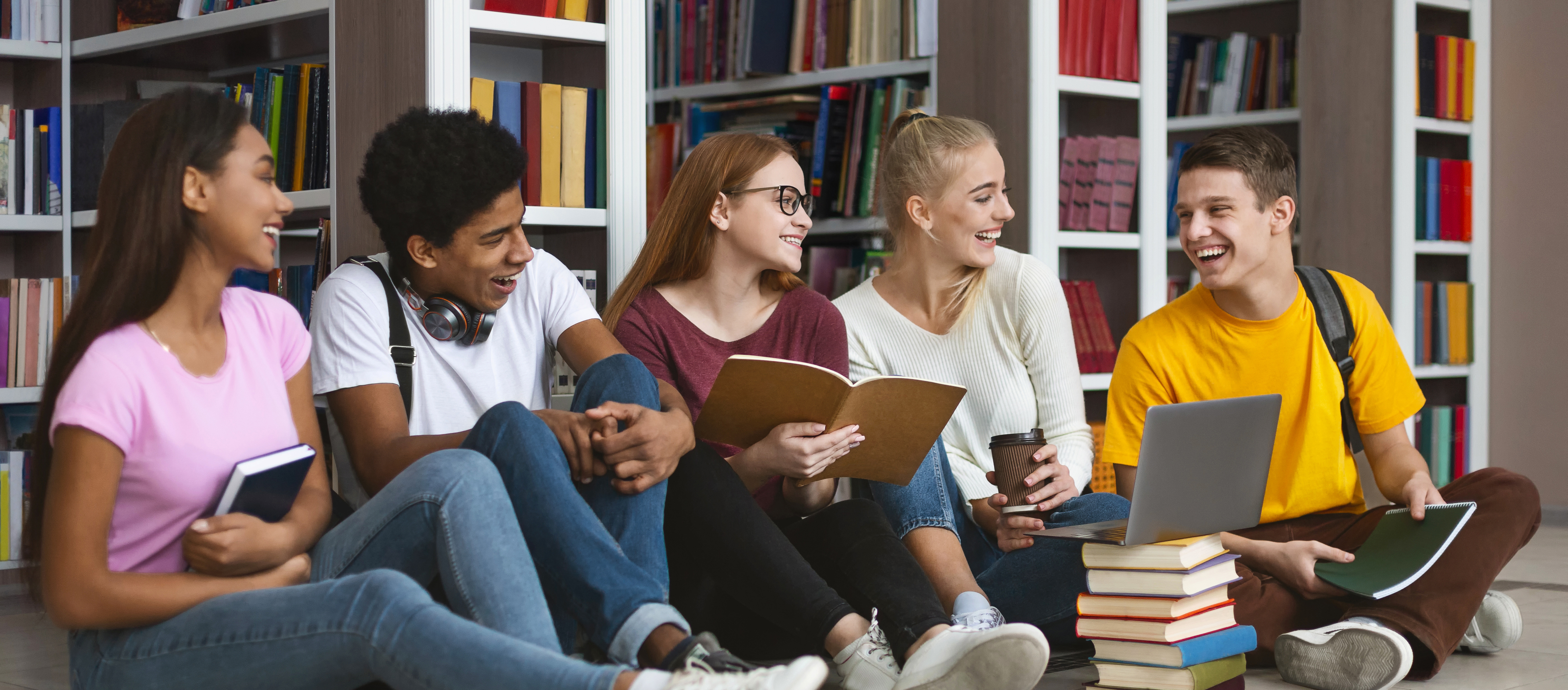 Students learning in a library